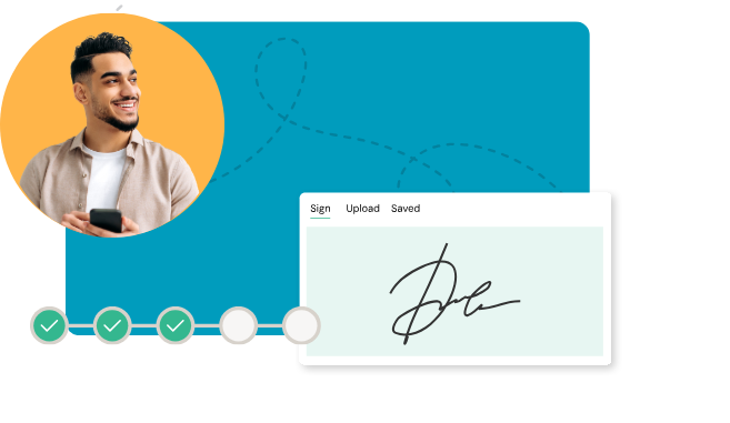 Man with mobile phone and illustrations of contract management workflow