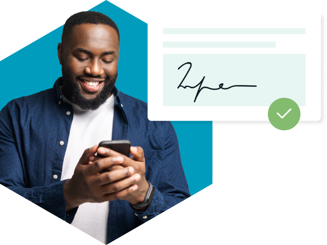 Man with mobile phone and eSignature illustration