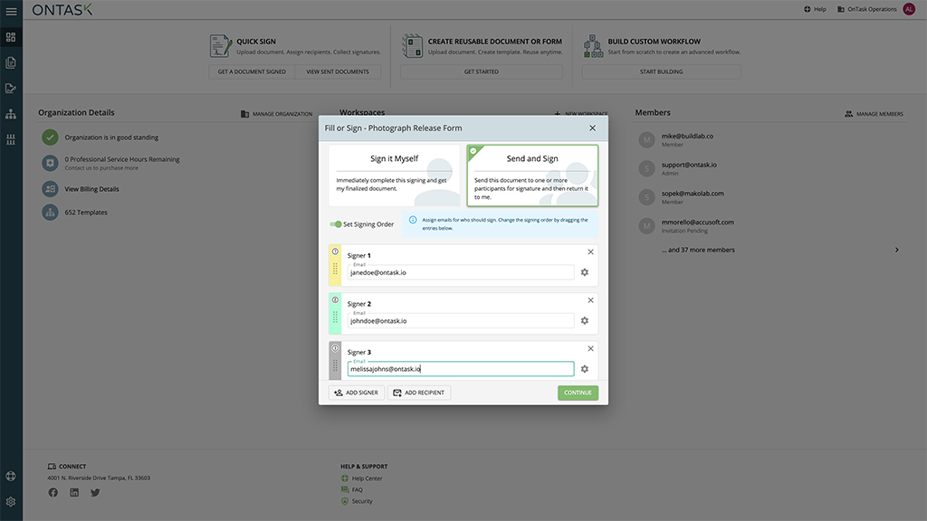 View of signing order feature