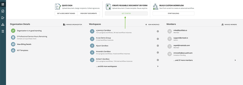 Get Started view at dashboard