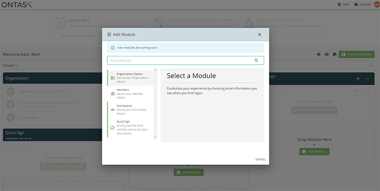 custom dashboard module selector in ontask