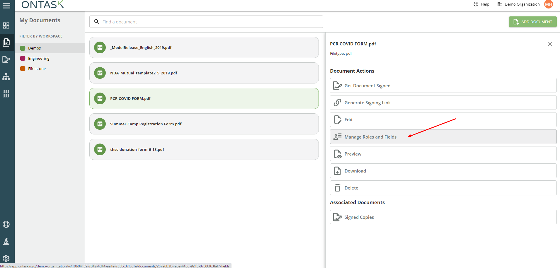 manage roles and fields button within my documents section of ontask