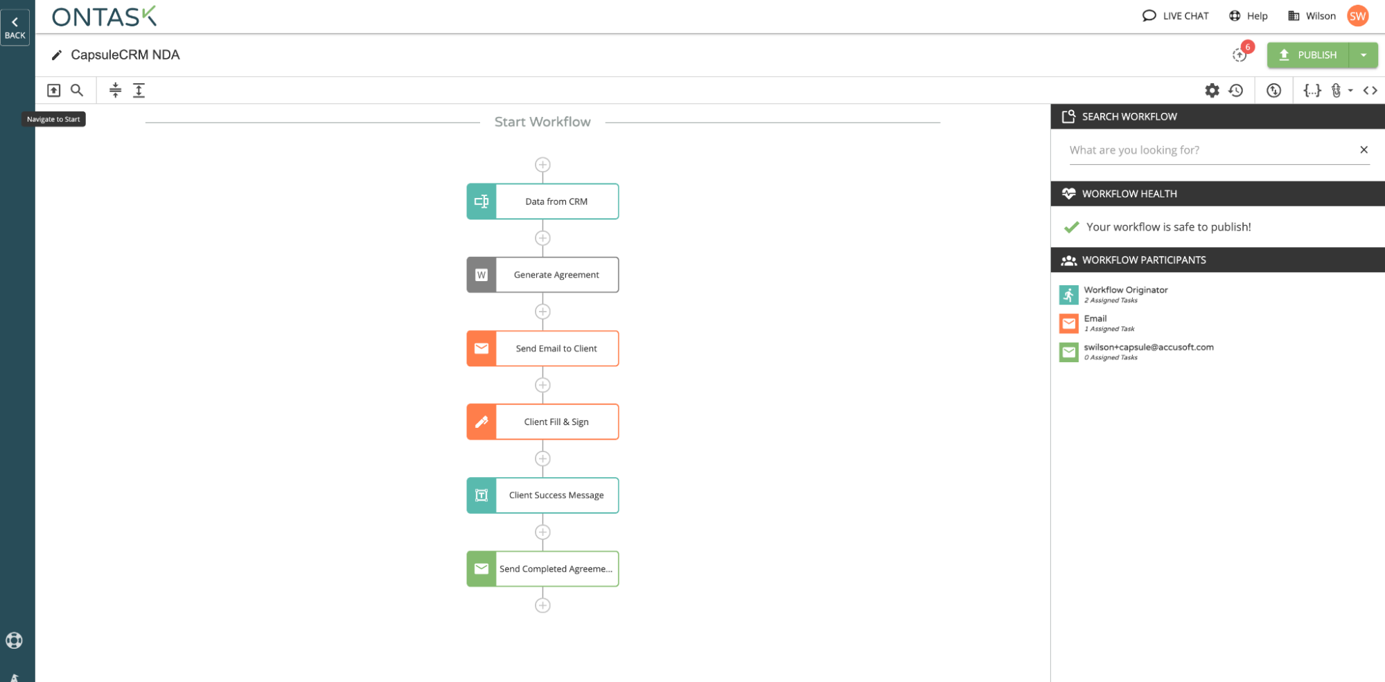 full view of capsule nda workflow in ontask