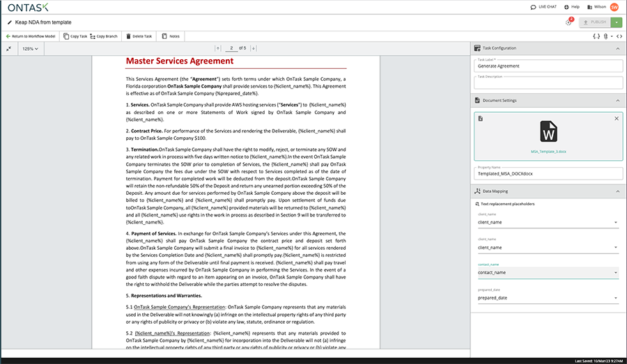 master service agreement in ontask created using document generation