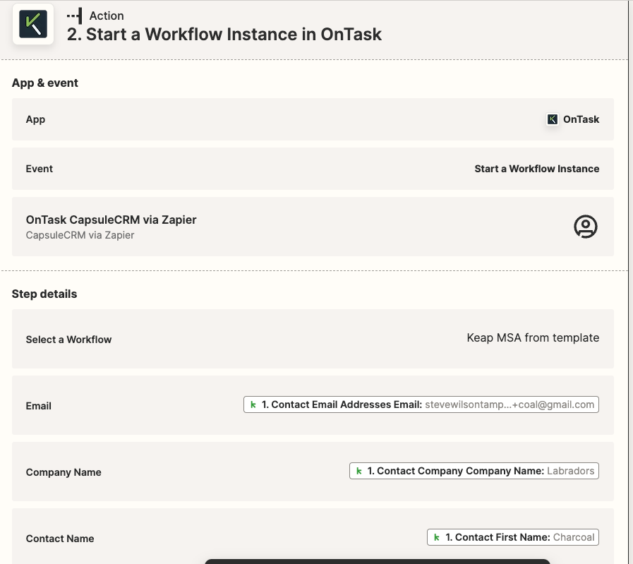 Zapier workflow step details for Docubee and Keap CRM integration