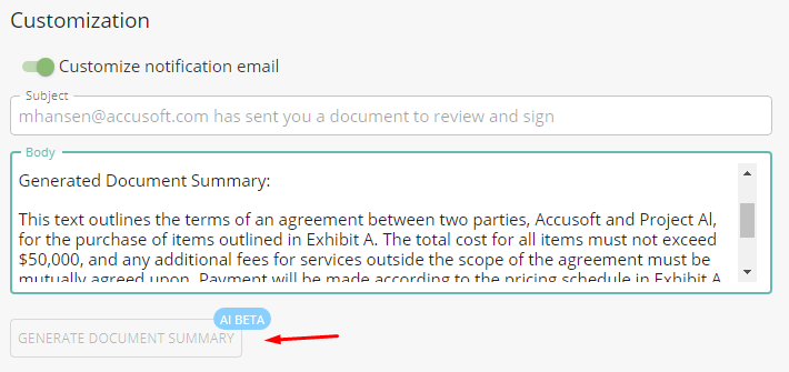 ai document summary feature within ontask email