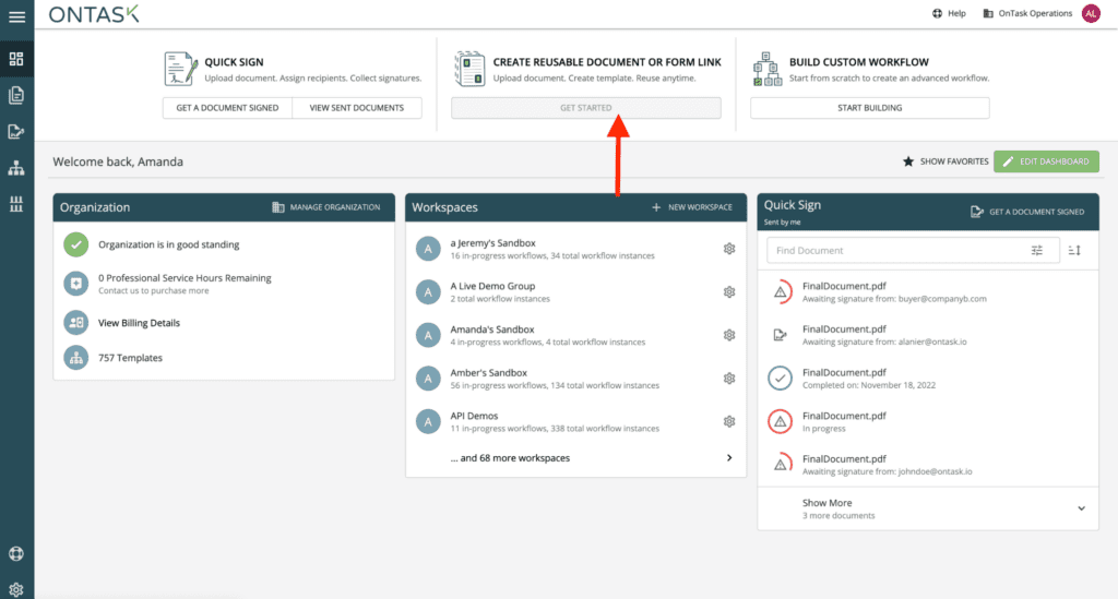 Screenshot with arrow to “Get Started” button under the “Create Reusable Document or Form Link” section of dashboard
