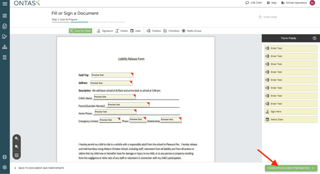 Screenshot of arrow pointing to "Complete Document Preparation" button