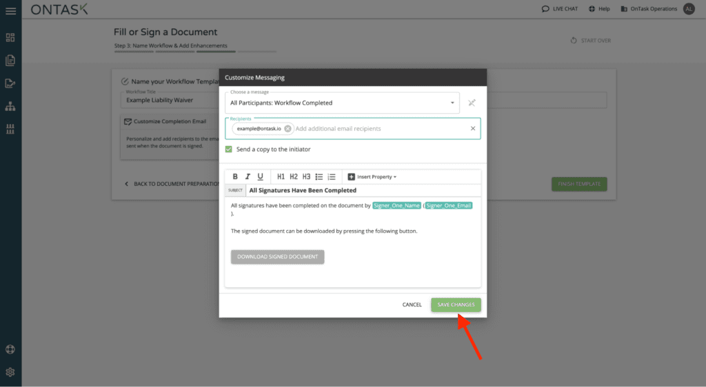 Screenshot of Customize Completion Email section with arrow to Save Change button