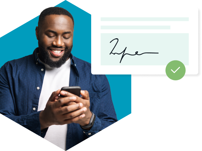 Man looking at cellphone and illustration of esignature