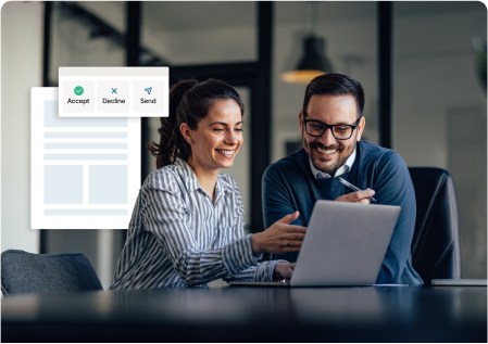 Man and woman reviewing contract on laptop with illustrations of contracts in background