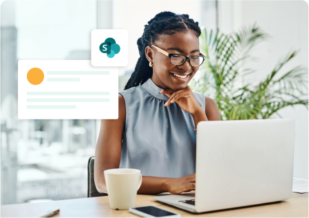 Woman reviewing contract on laptop with illustrations of a contract and Sharepoint logo in background