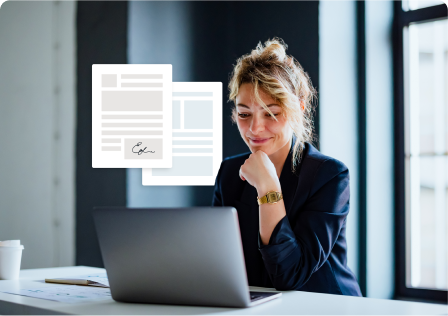 Woman reviewing contract on laptop with illustrations of documents in background