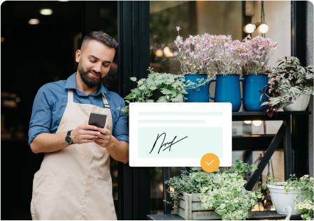 Man working at flower shop looking at cell phone with illustration of contract in foreground