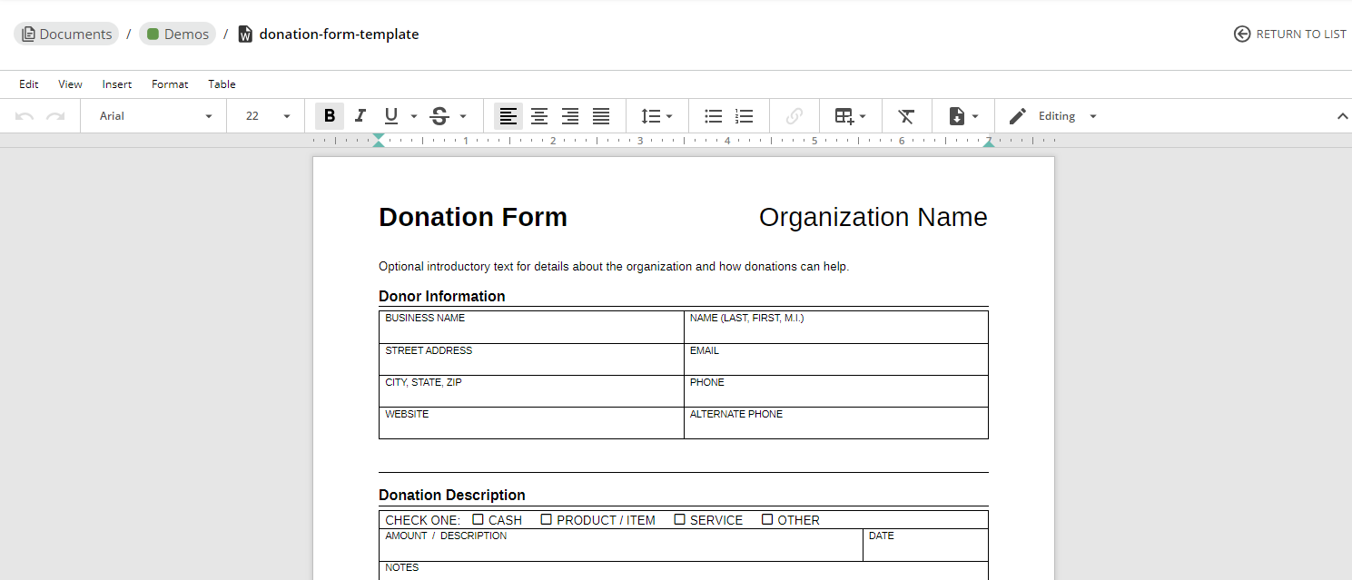 view of DOCX file editor in Docubee