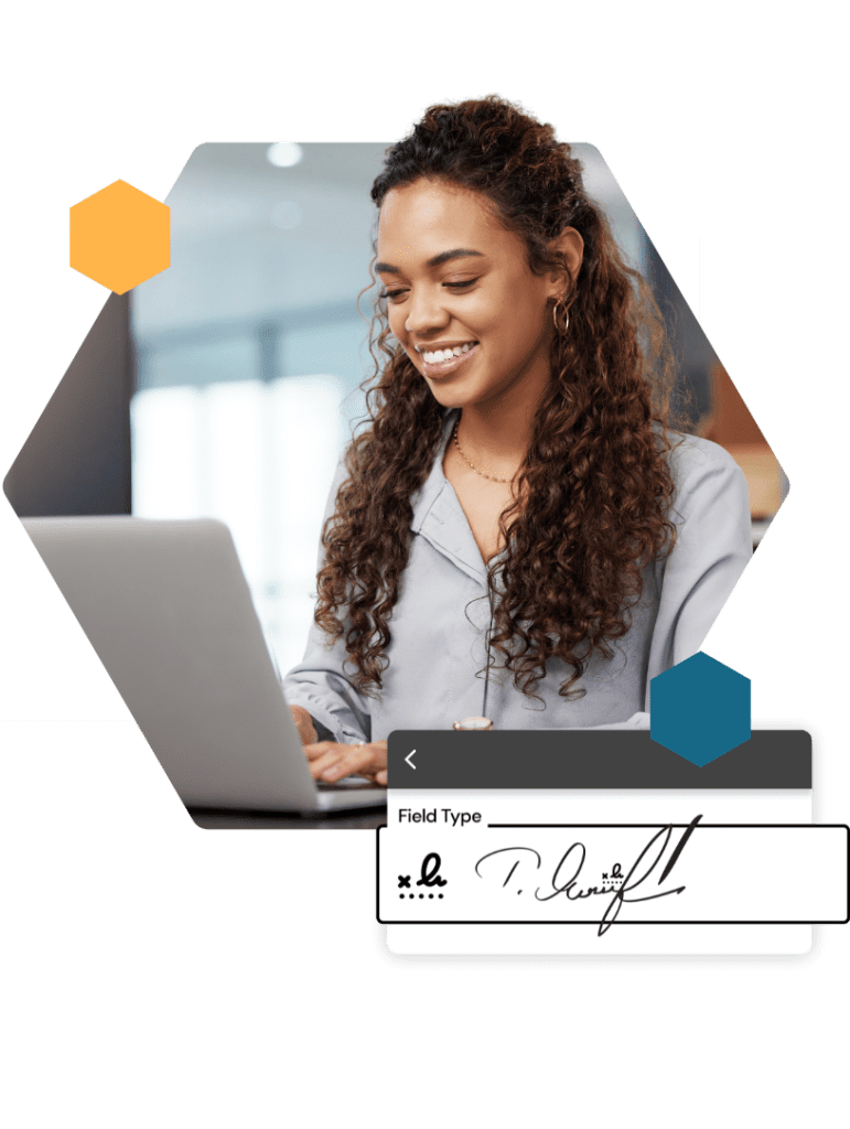 Woman working on laptop with esignature