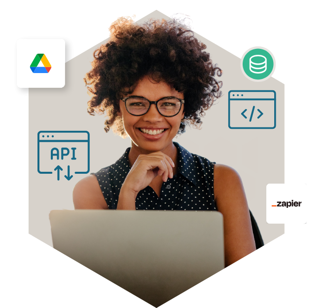 Person smiling with icons of API, code tags, google drive, zapier