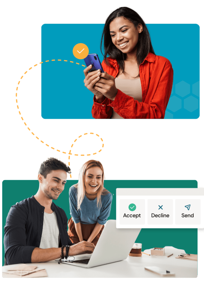 Woman reviewing contract on phone and two people reviewing contract on laptop