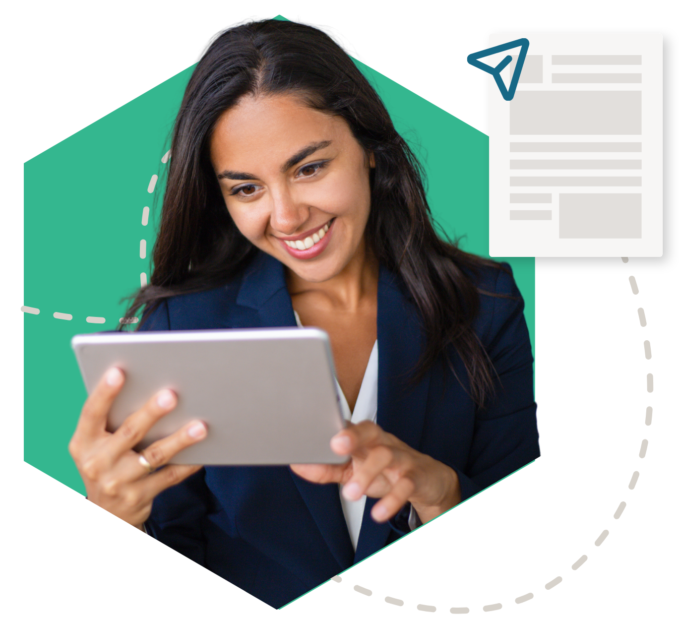 Person smiling at tablet with document sharing illustration