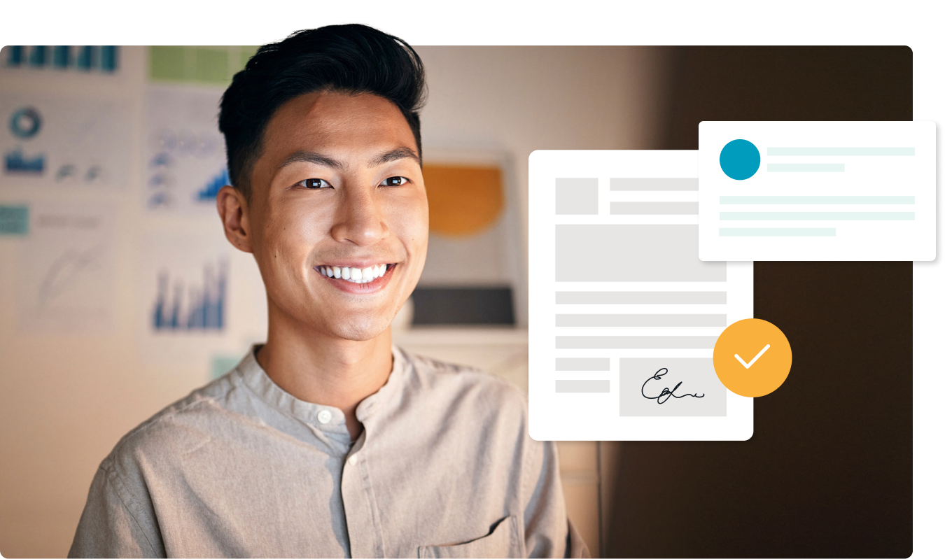 Man smiling and illustrations of approved signed contracts