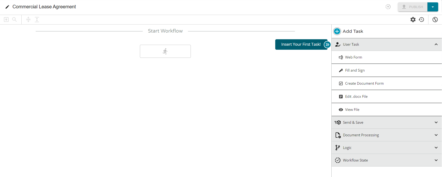 Select a task from the right pane under User Task to insert your first task.